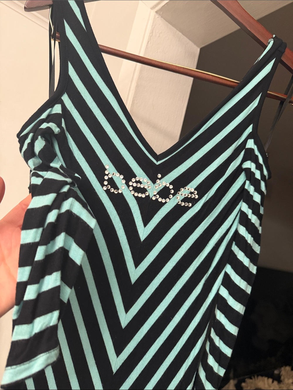 bebe Black & Aqua Striped V-Neck Rhinestone Logo Camisole